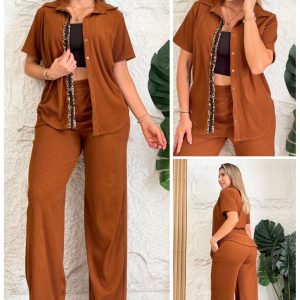 conjunto rib odin mujer pantalon bota ancha camisa elegante