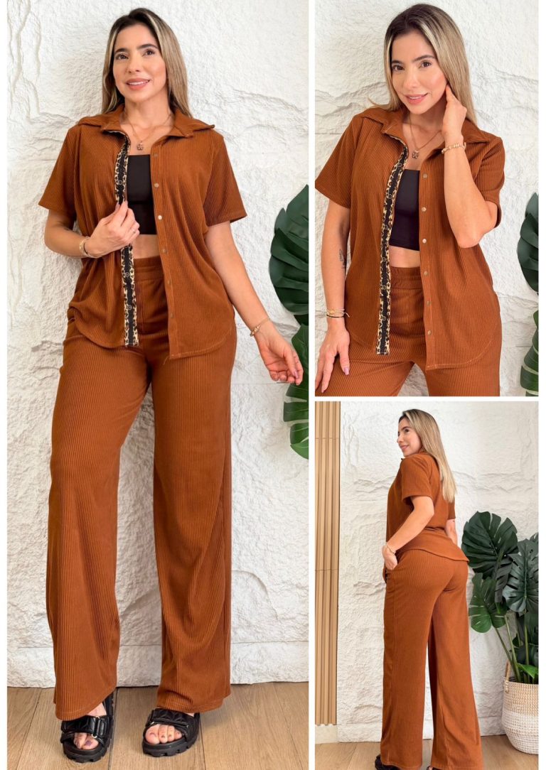 conjunto rib odin mujer pantalon bota ancha camisa elegante